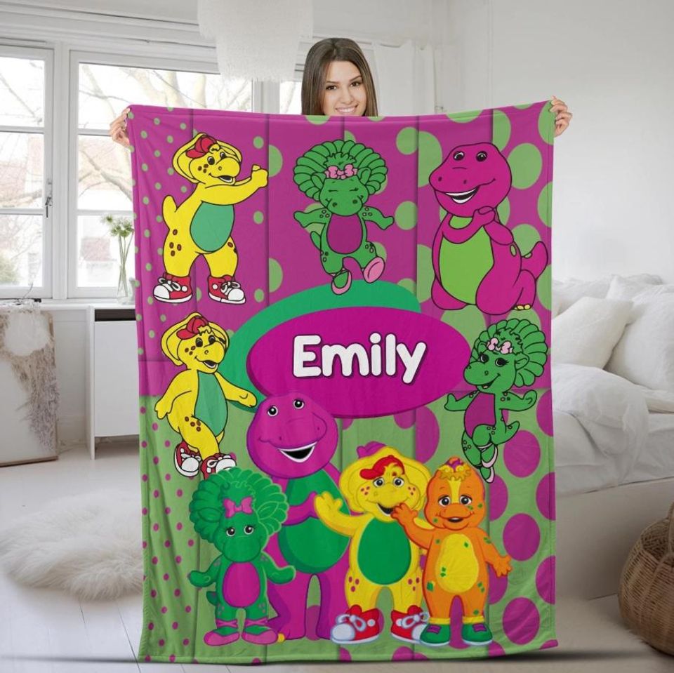 Personalized Dinosaur Name Blanket, Rainbow Dinosaur Cartoon Blanket