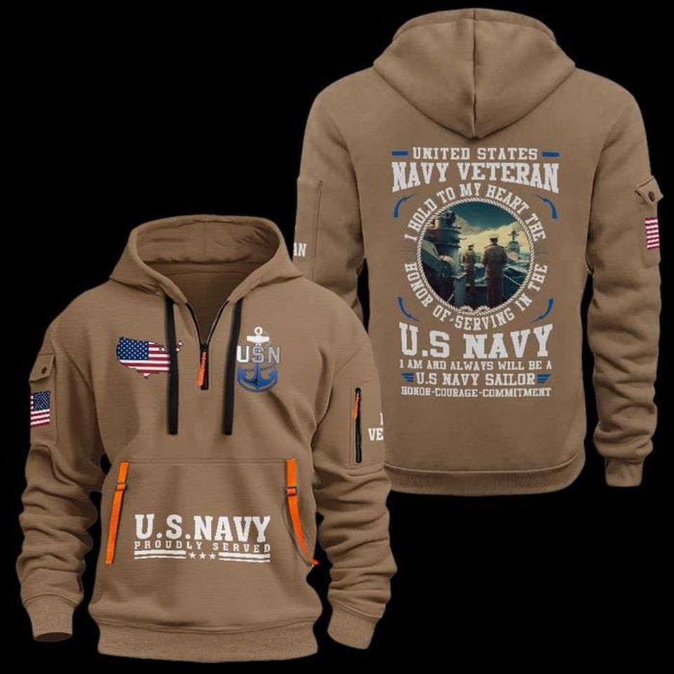 Custom US Navy Veteran Quarter Zip Hoodie: Honor Courage Commitment, Proudly Served Design