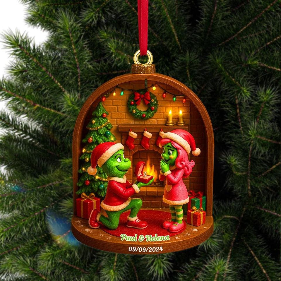 Green Couple Proposal Christmas Ornament  Personalized Engagement Gift, Romantic Holiday Decoration
