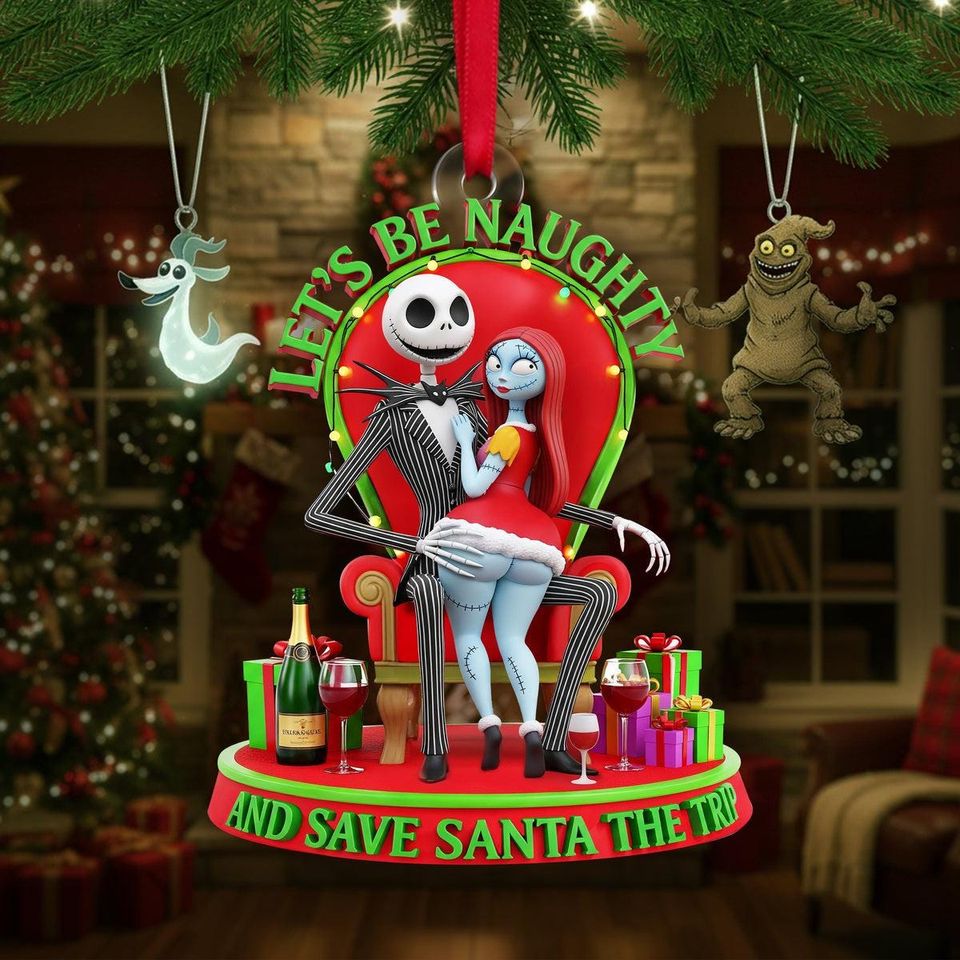 Personalized Nightmare Spooky Couple Let's Be Naughty And Save The Santa Trip - Custom Acrylic Ornament - Gift For Couples