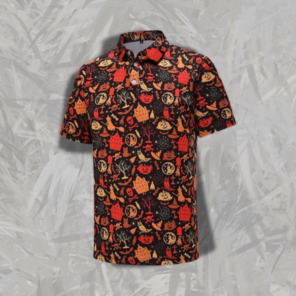 Halloween Haunted House Golf Polo Shirt Spooky Pumpkin Bat Pattern