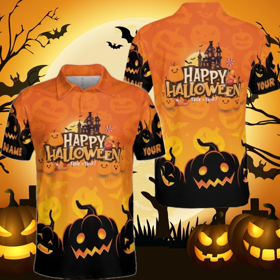 Halloween Pumpkin Polo Shirt with Spooky Graphic