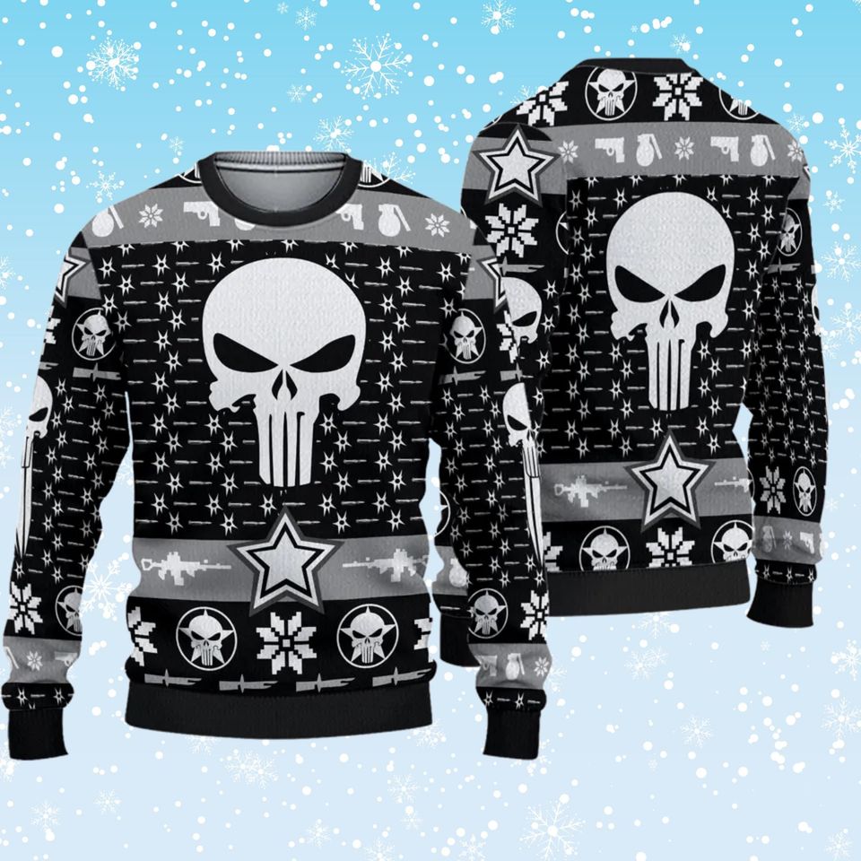 Skull Tactical Ugly Christmas Sweater, Black White Snowflake Stars Pattern