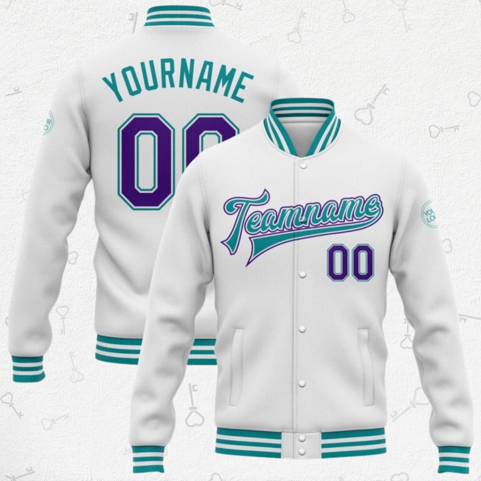 Custom Baseball Jacket  Your Name, Team Name & Number | Teal/Purple Trim | Unisex