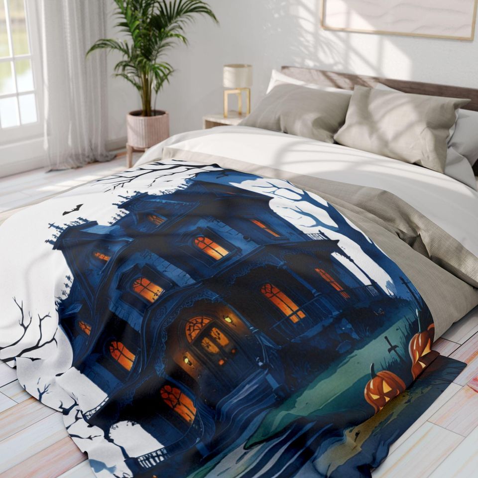 Haunted House Halloween Fleece Blanket: Spooky Ghost & Pumpkin Throw