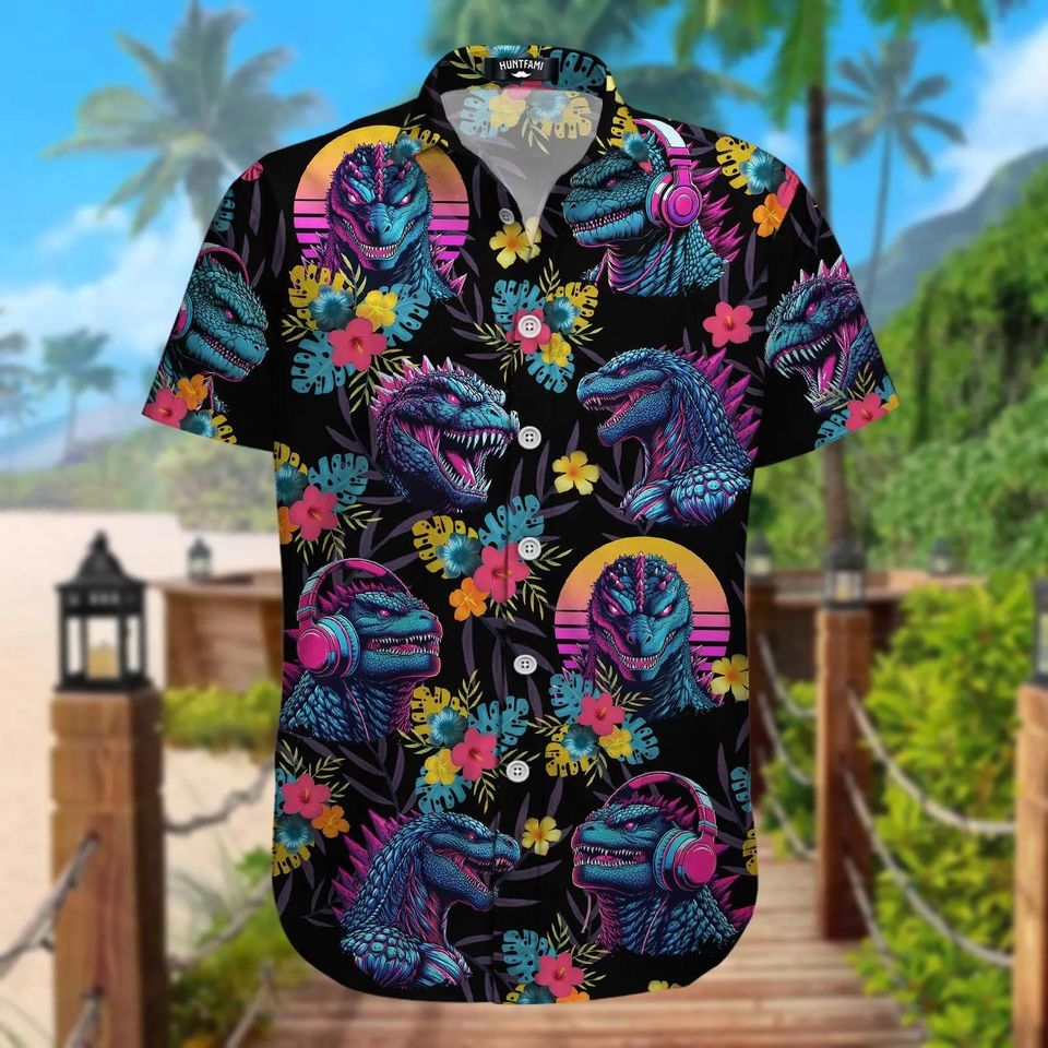 god zilla Tropical Button Hawaiian Shirt, Dinosaur Aloha Shirt