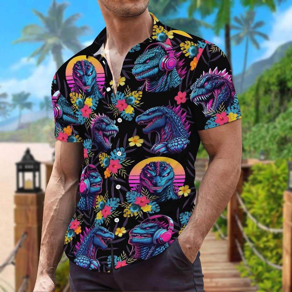 god zilla Tropical Button Hawaiian Shirt, Dinosaur Aloha Shirt