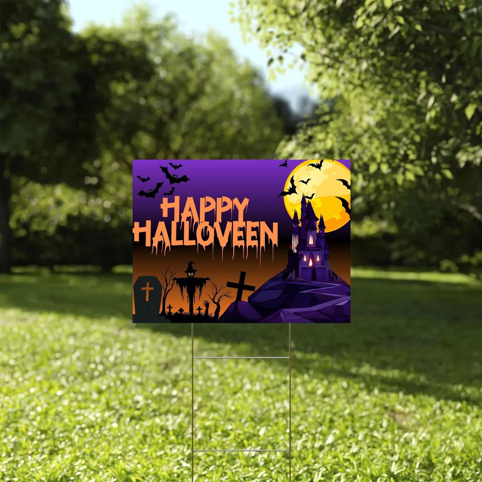 Spooky Halloween Yard Sign: Haunted House, Graveyard, Ghost Castle