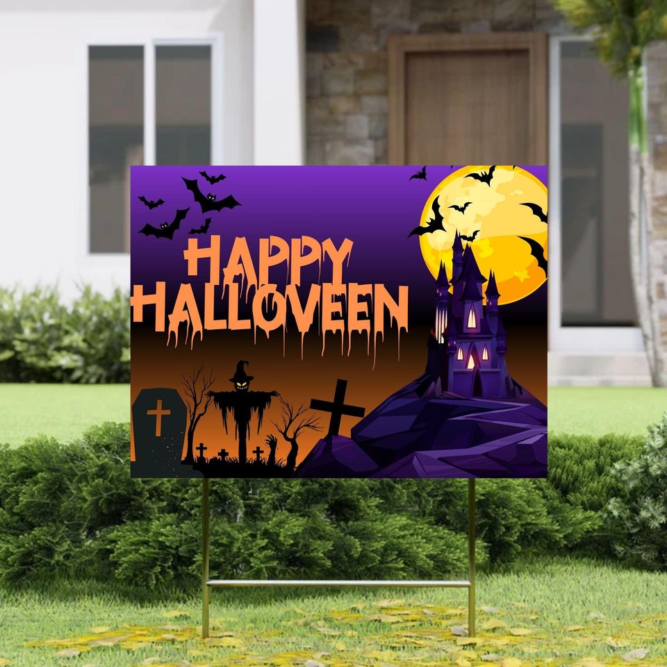 Spooky Halloween Yard Sign: Haunted House, Graveyard, Ghost Castle