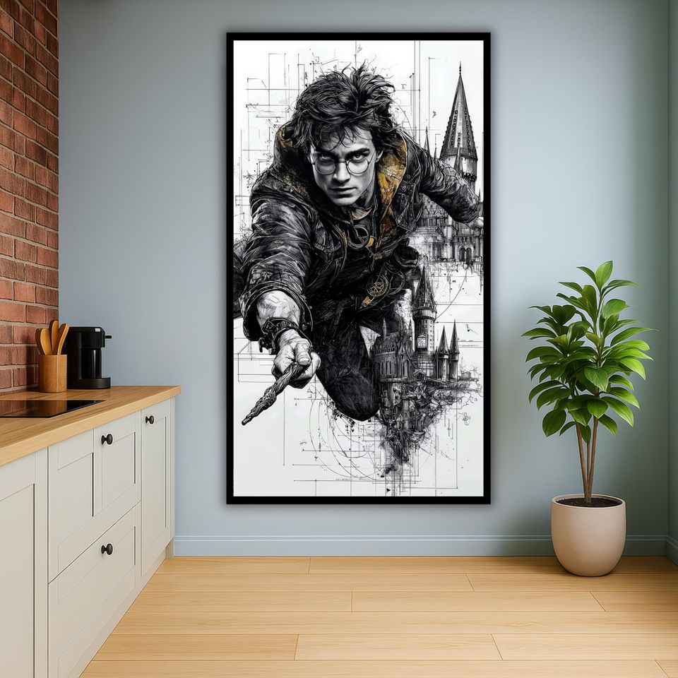 Harry Potter - Ink Illustration Print Spellcasting in Flight Above Hogwarts Towers