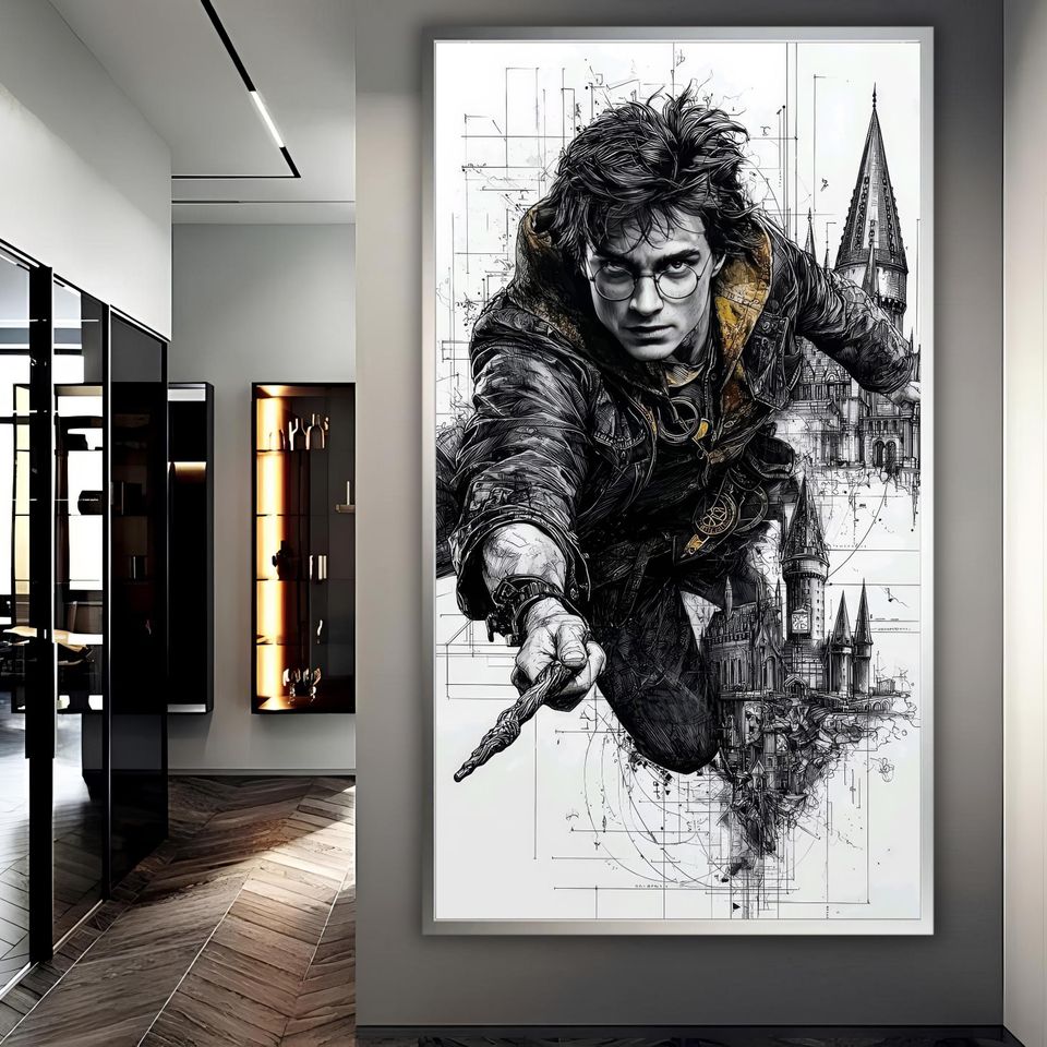 Harry Potter - Ink Illustration Print Spellcasting in Flight Above Hogwarts Towers