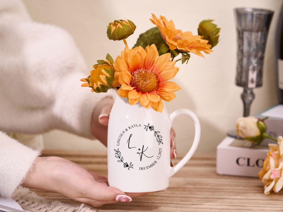 Personalized Ceramic Wedding Flower Vase with Name and Date