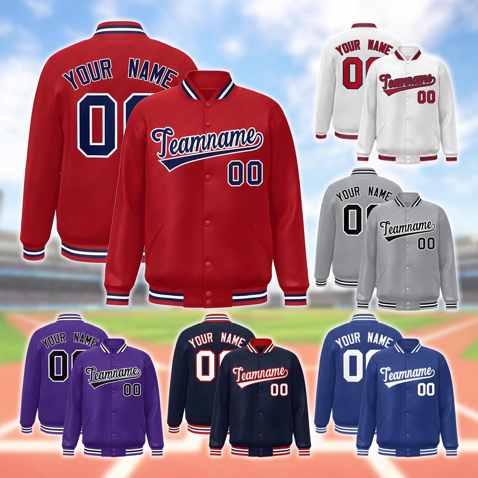 Custom Colorful Varsity Baseball Jacket, Personalized Team Name & Number Letterman Bomber Gift for Him Her.