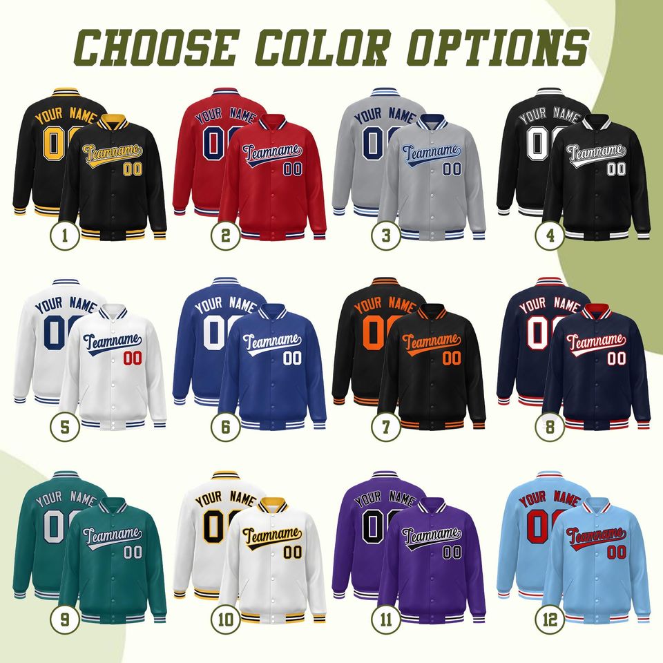 Custom Colorful Varsity Baseball Jacket, Personalized Team Name & Number Letterman Bomber Gift for Him Her.