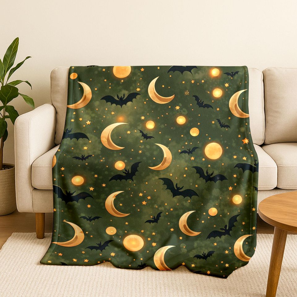 Halloween Bokeh Blanket: Spooky Pumpkins, Bats, Spiderweb Throw H0007