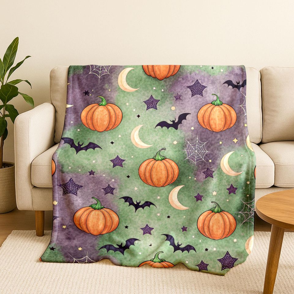 Halloween Bokeh Blanket: Spooky Pumpkins, Bats, Spiderweb Throw H0007