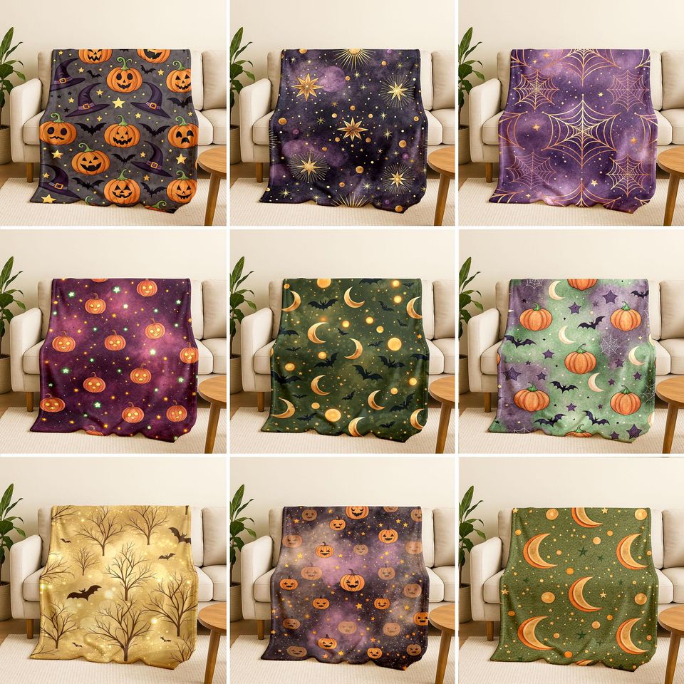 Halloween Bokeh Blanket: Spooky Pumpkins, Bats, Spiderweb Throw H0007