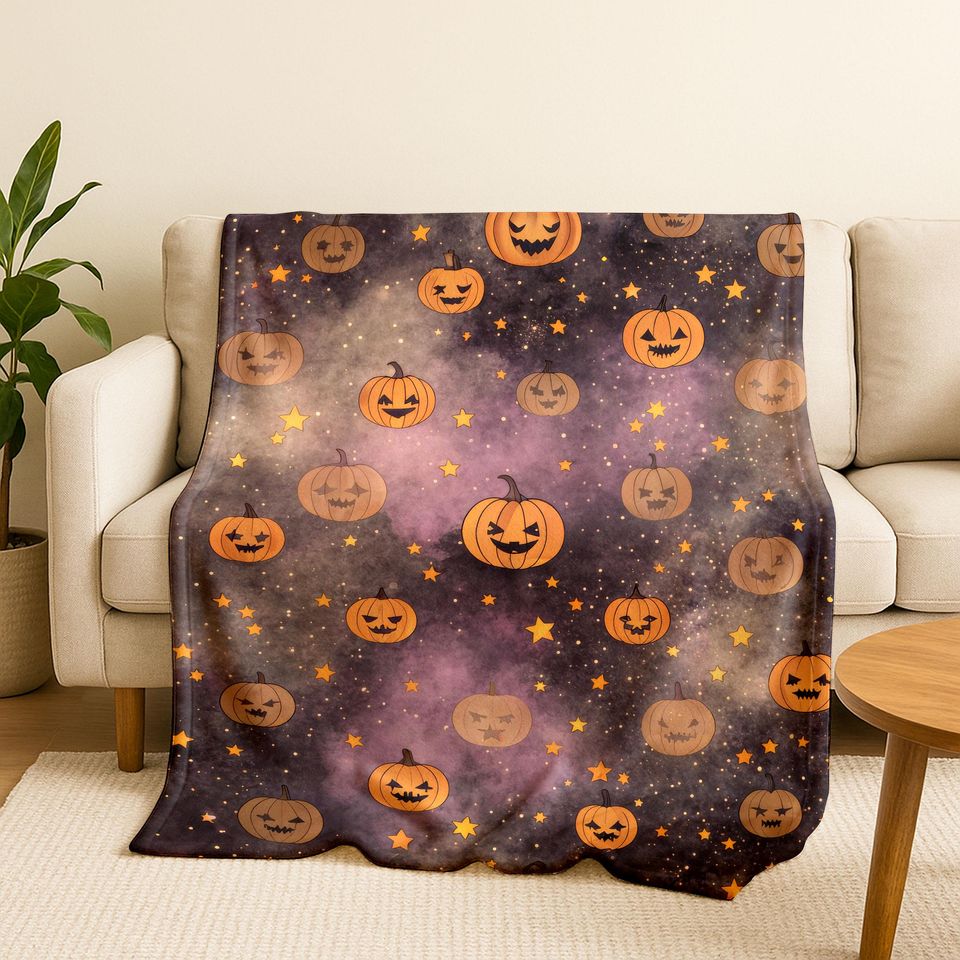 Halloween Bokeh Blanket: Spooky Pumpkins, Bats, Spiderweb Throw H0007