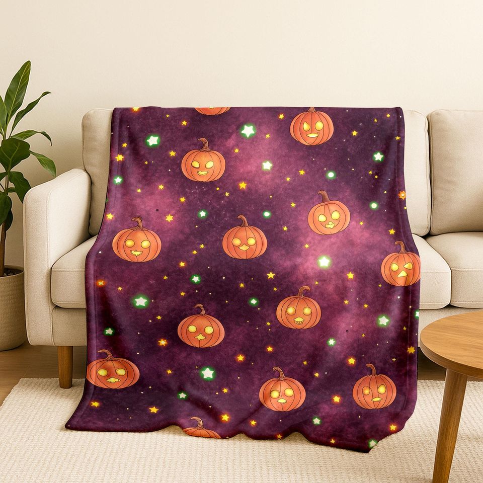 Halloween Bokeh Blanket: Spooky Pumpkins, Bats, Spiderweb Throw H0007