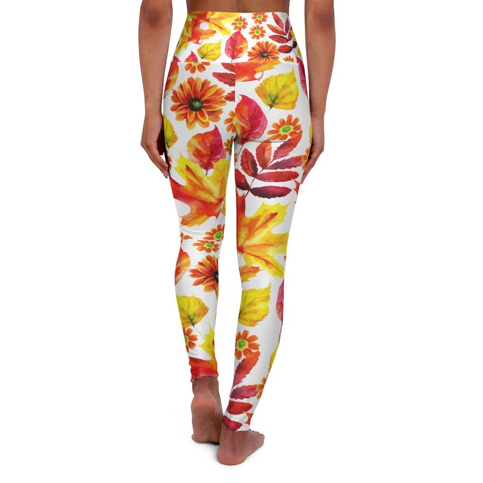 High Waisted Yoga Leggings on Autumn Leaves pattern