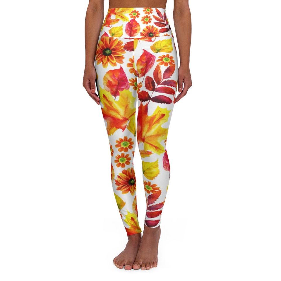High Waisted Yoga Leggings on Autumn Leaves pattern