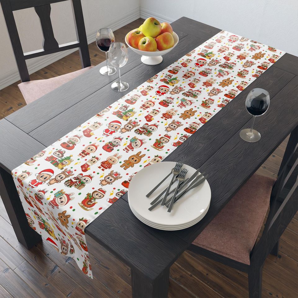 Labubu Christmas Table Runner, Funny Holiday Dining Decor, Kawaii Gingerbread Runner, Festive Kitchen Decoration