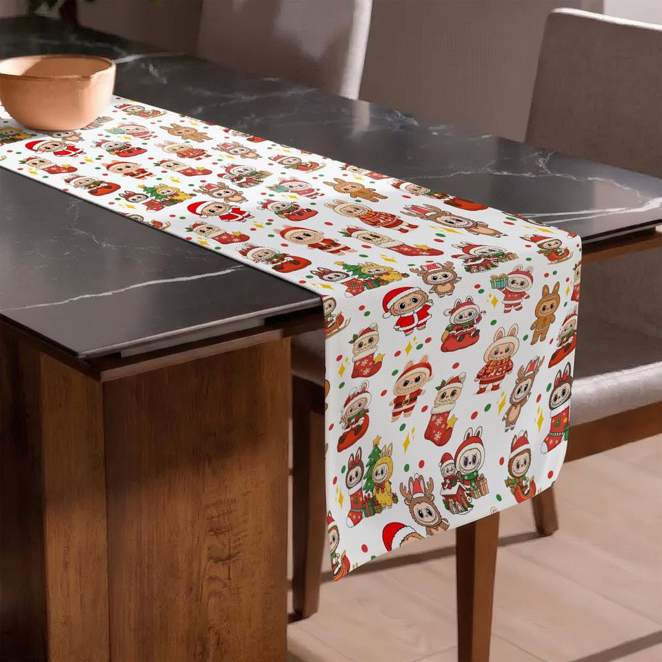 Labubu Christmas Table Runner, Funny Holiday Dining Decor, Kawaii Gingerbread Runner, Festive Kitchen Decoration