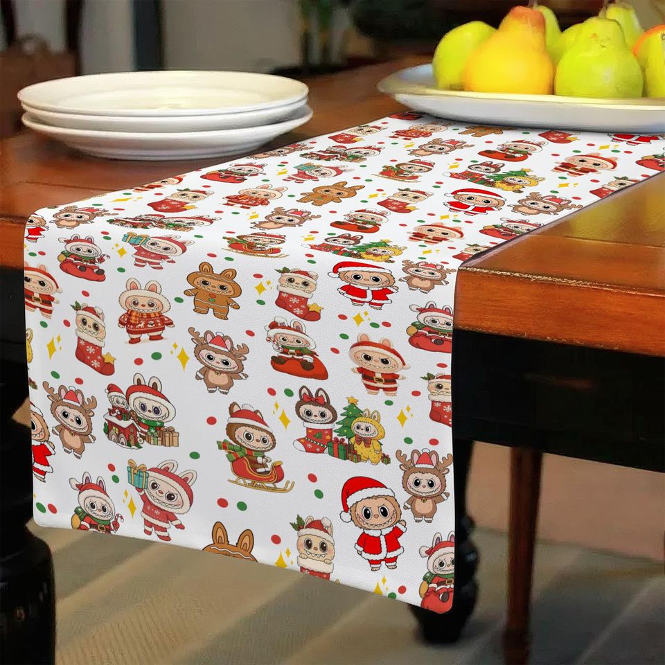 Labubu Christmas Table Runner, Funny Holiday Dining Decor, Kawaii Gingerbread Runner, Festive Kitchen Decoration