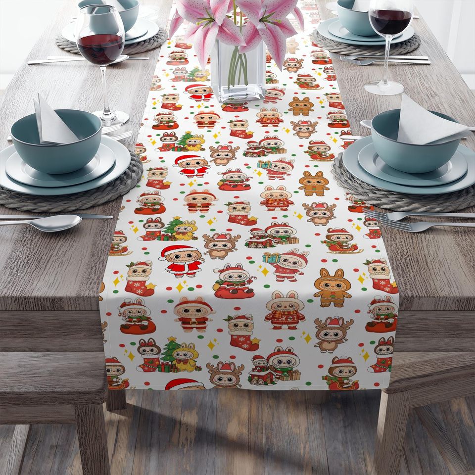 Labubu Christmas Table Runner, Funny Holiday Dining Decor, Kawaii Gingerbread Runner, Festive Kitchen Decoration