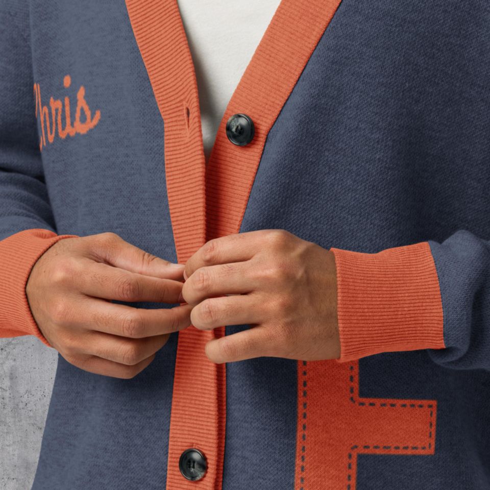 Customizable Letterman Style Cardigan: Vintage Varsity Jacquard
