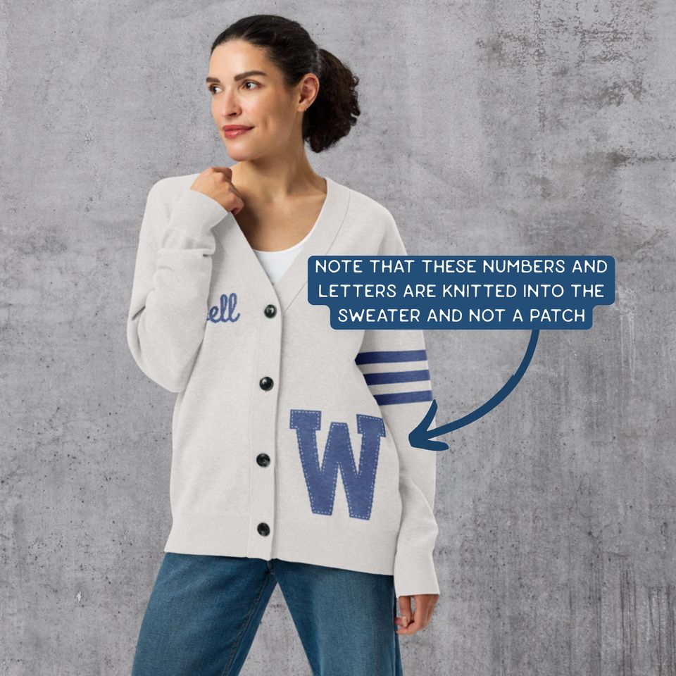 Customizable Letterman Style Cardigan: Vintage Varsity Jacquard