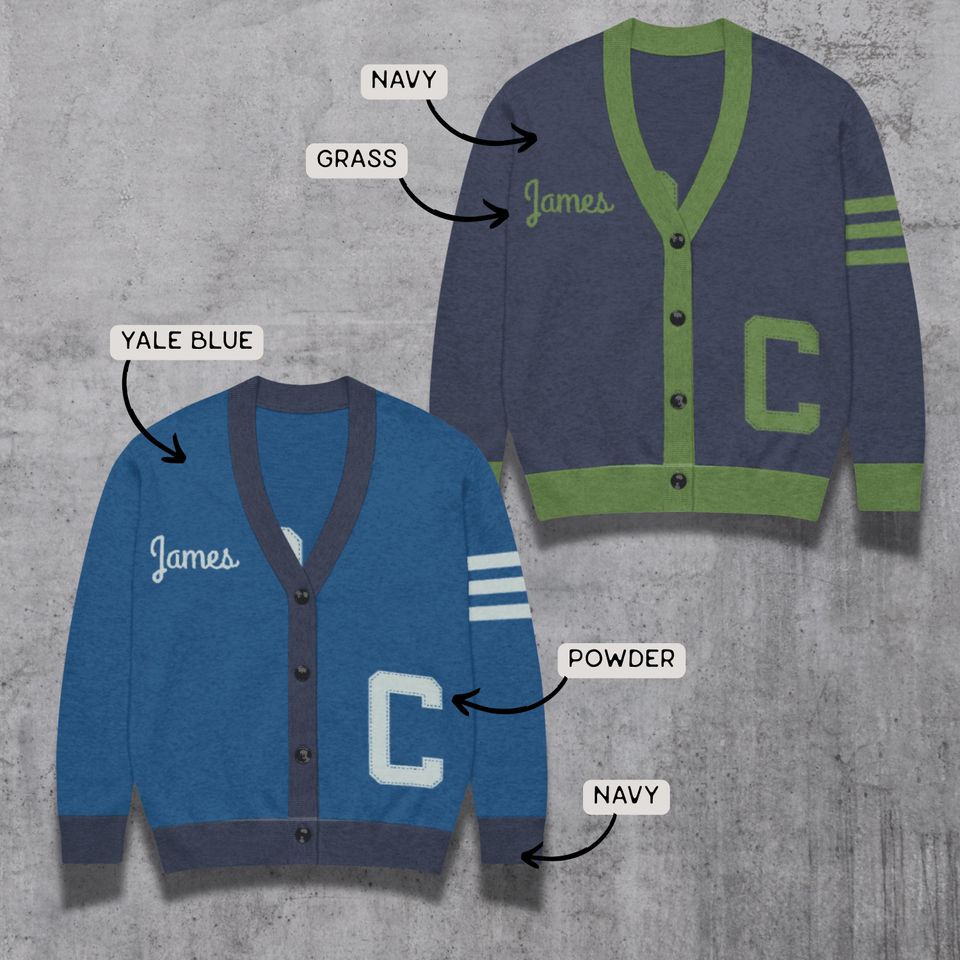 Customizable Letterman Style Cardigan: Vintage Varsity Jacquard