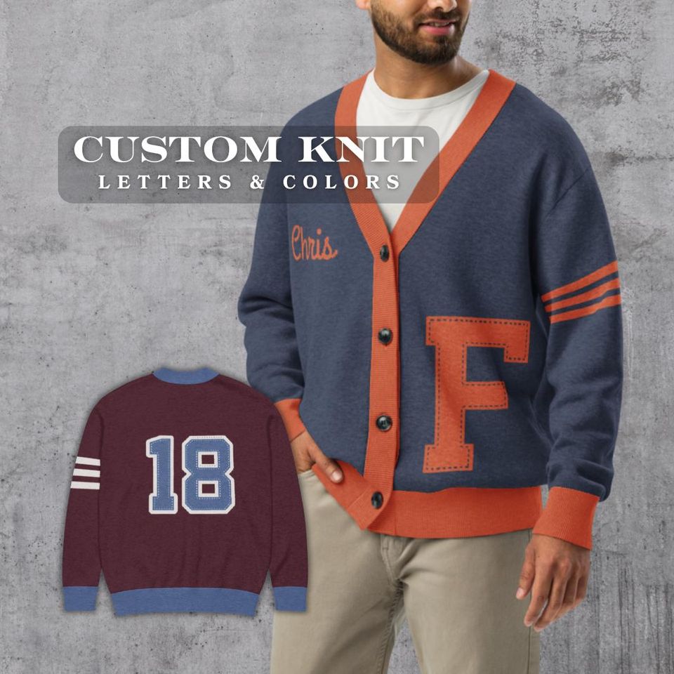 Customizable Letterman Style Cardigan: Vintage Varsity Jacquard