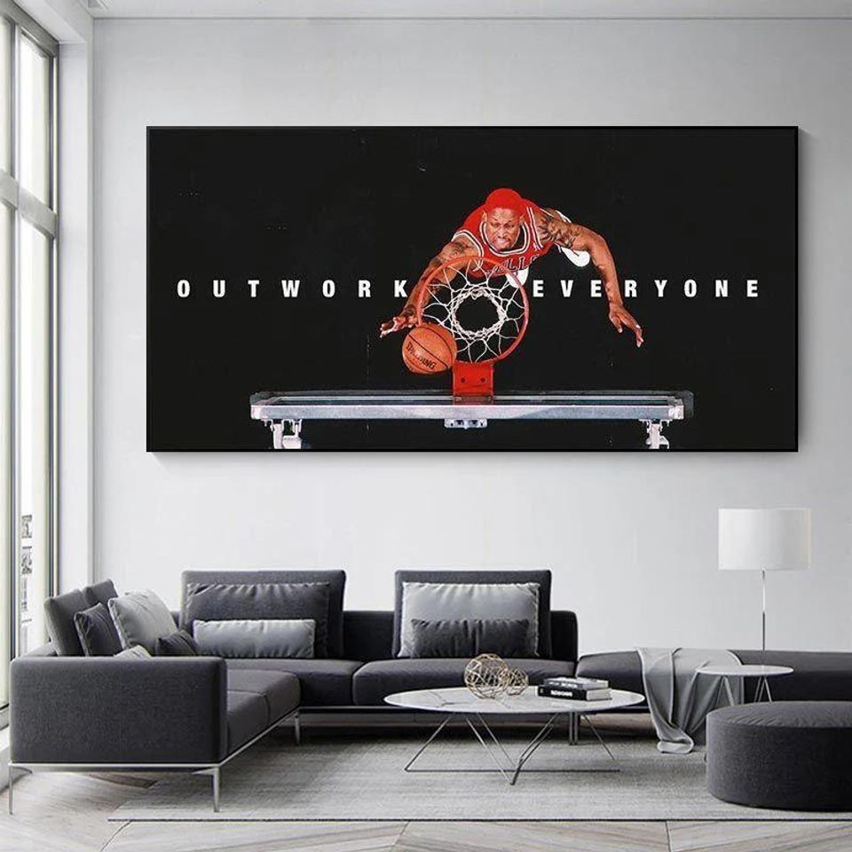 NBA - Dennis Rodman - Outwork Everyone Motivational Quote Canvas Painting Wall Art Home Decor