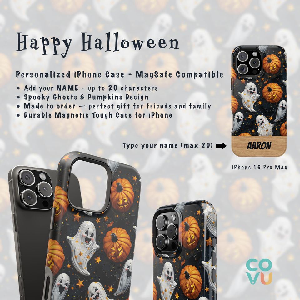 Personalized Halloween iPhone Case: Spooky Ghosts, Pumpkins, MagSafe Tough Cover