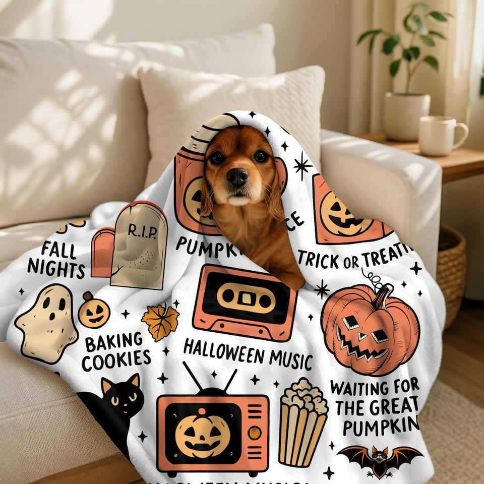 Tis the Season Halloween Blanket, Cozy Fall Throw with Pumpkins Witches Ghosts & More, Cute Spooky Autumn Gift, Halloween Decor, Spooky Gift