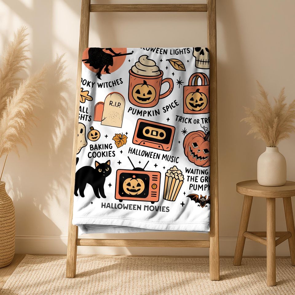 Tis the Season Halloween Blanket, Cozy Fall Throw with Pumpkins Witches Ghosts & More, Cute Spooky Autumn Gift, Halloween Decor, Spooky Gift