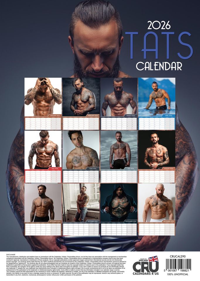 Tattooed Males 2026 Vertical Wall Calendar