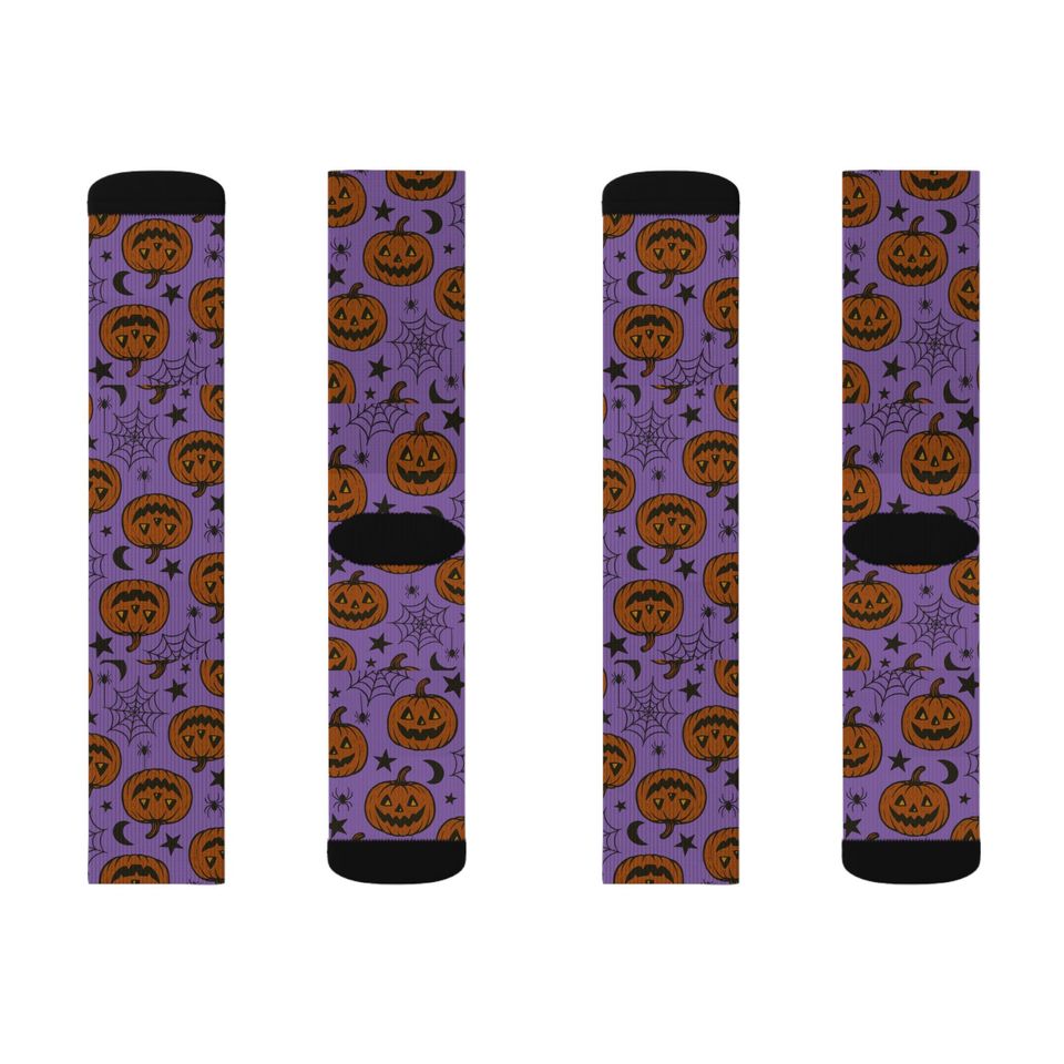 Purple Halloween Pumpkin Socks: Spooky Jack-O'-Lantern Crew Socks