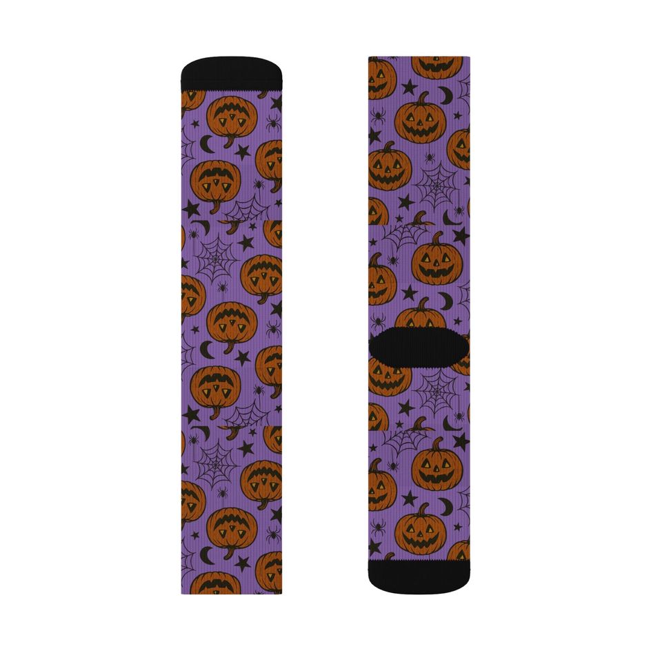 Purple Halloween Pumpkin Socks: Spooky Jack-O'-Lantern Crew Socks