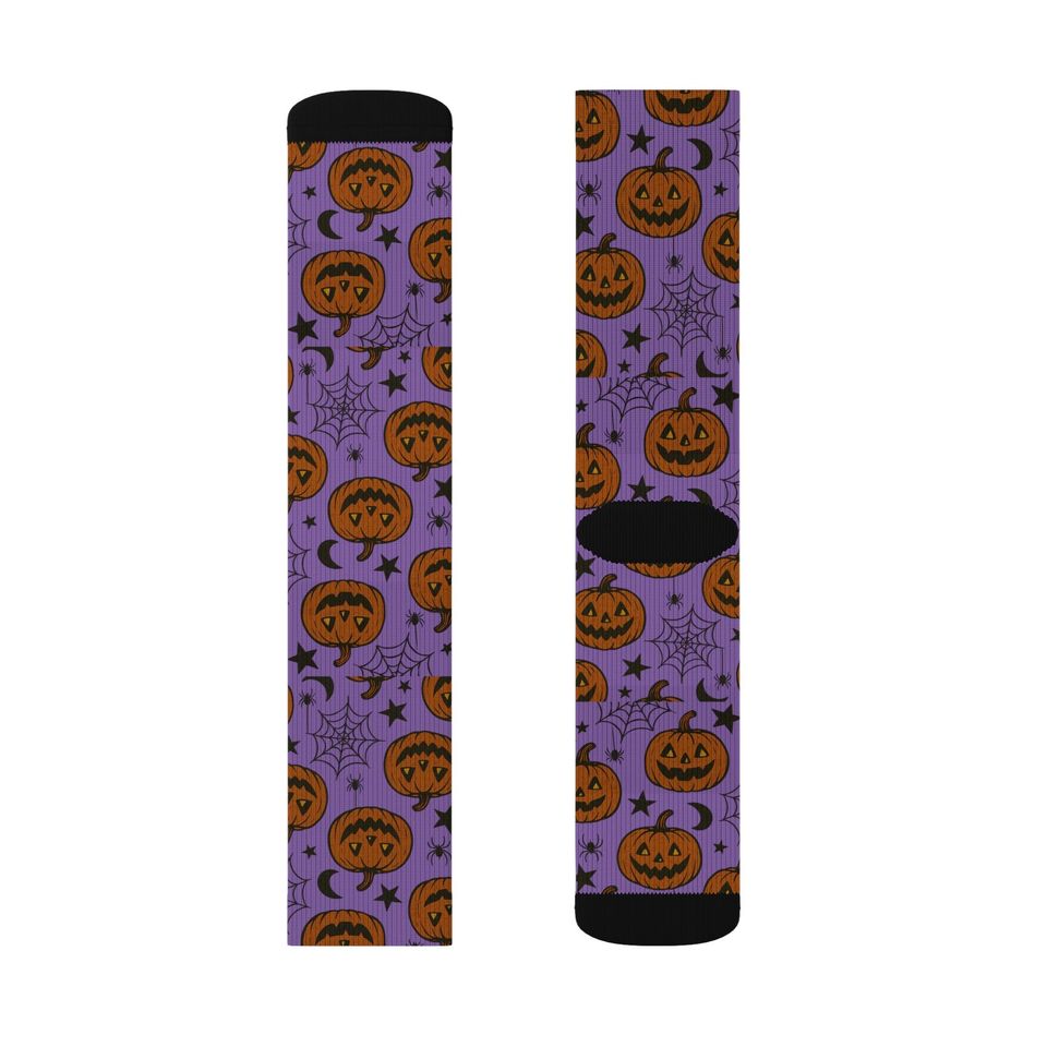 Purple Halloween Pumpkin Socks: Spooky Jack-O'-Lantern Crew Socks