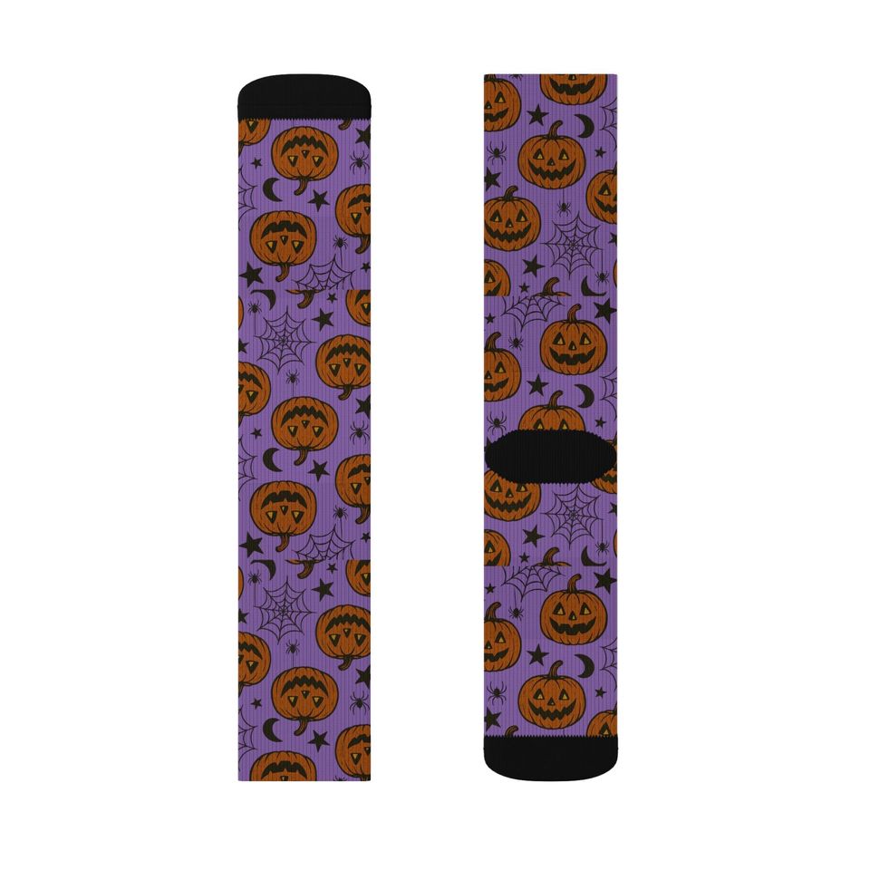Purple Halloween Pumpkin Socks: Spooky Jack-O'-Lantern Crew Socks