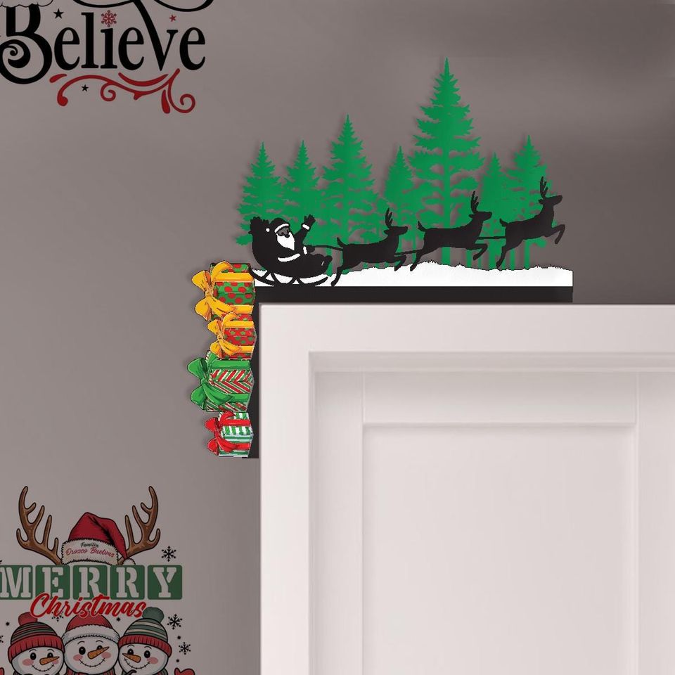 Santa Sleigh Door Corner Sign, Christmas Reindeer Christmas Decor, Holiday Door Frame Decor, Festive Xmas Wall Art, Winter Home Decor