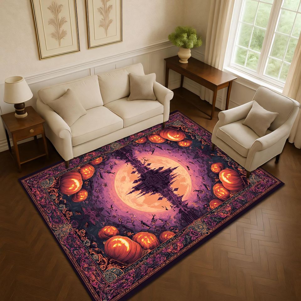 Gothic Halloween Castle Rug with Moon and Pumpkin Border for Fall Decor