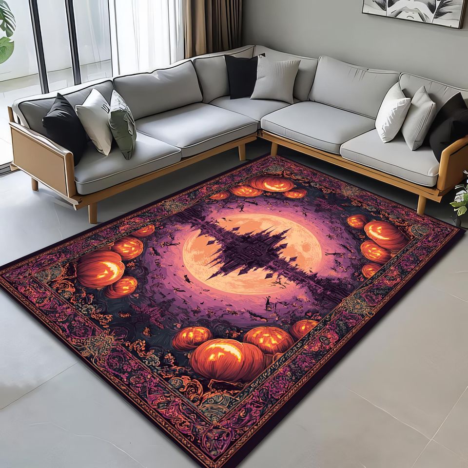 Gothic Halloween Castle Rug with Moon and Pumpkin Border for Fall Decor