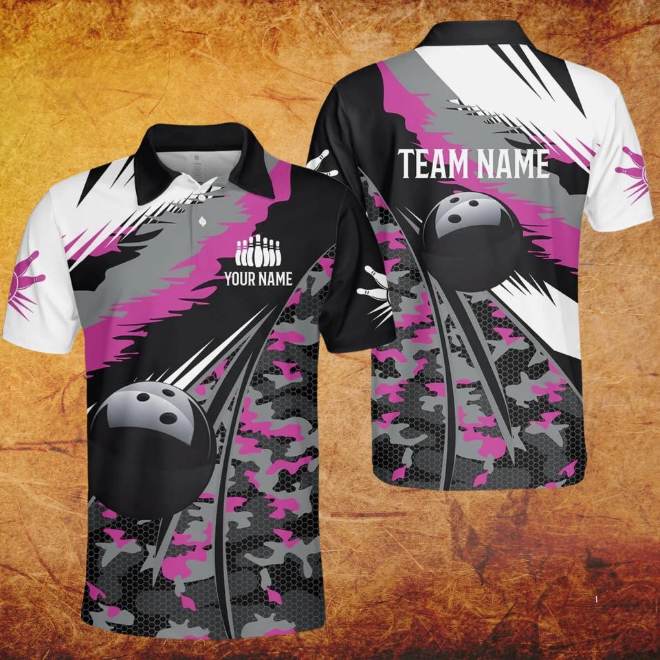 Custom Camouflage Bowling Polo Shirt with Personalized Team Name