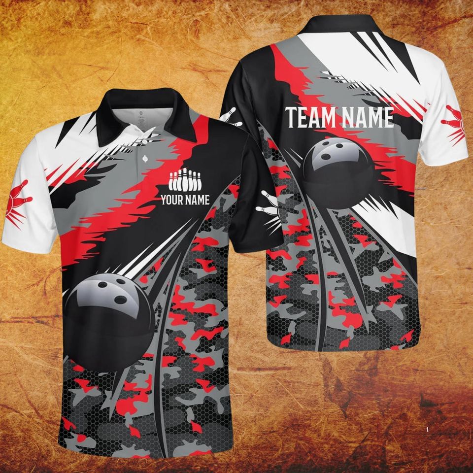 Custom Camouflage Bowling Polo Shirt with Personalized Team Name