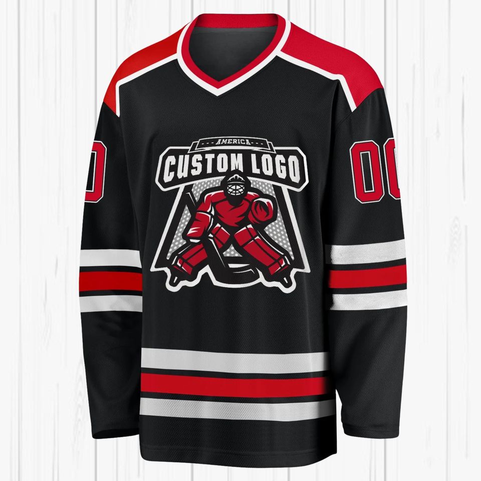Customizable Black & Red Hockey Jersey: Personalized Team Uniform, Fan Gift