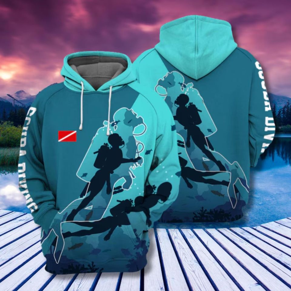 3D Scuba Diving Hoodie Ocean Diver Teal Unisex Pullover