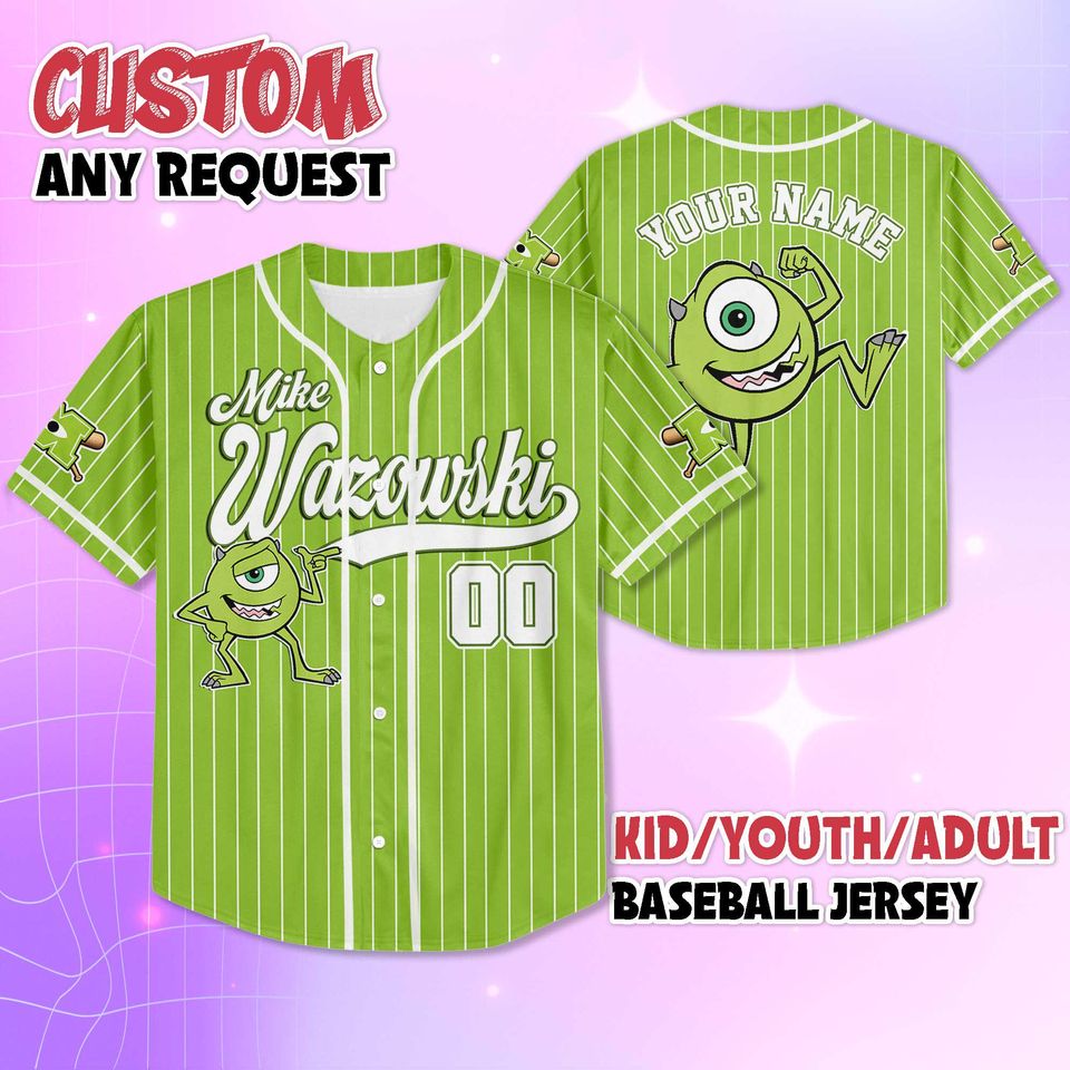Personalized Mike Wazowski Baseball Jersey, Disney Monsters Inc Baseball Shirt